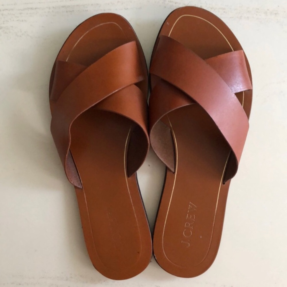 Jcrew camel leather slides size 7.